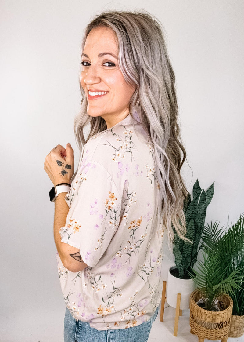 Taupe Button Down Floral Top
