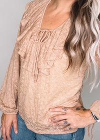 Taupe V Neck Ruffle Detail Top