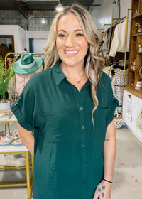 Green Drop Shoulder Button Down Shirt Dress