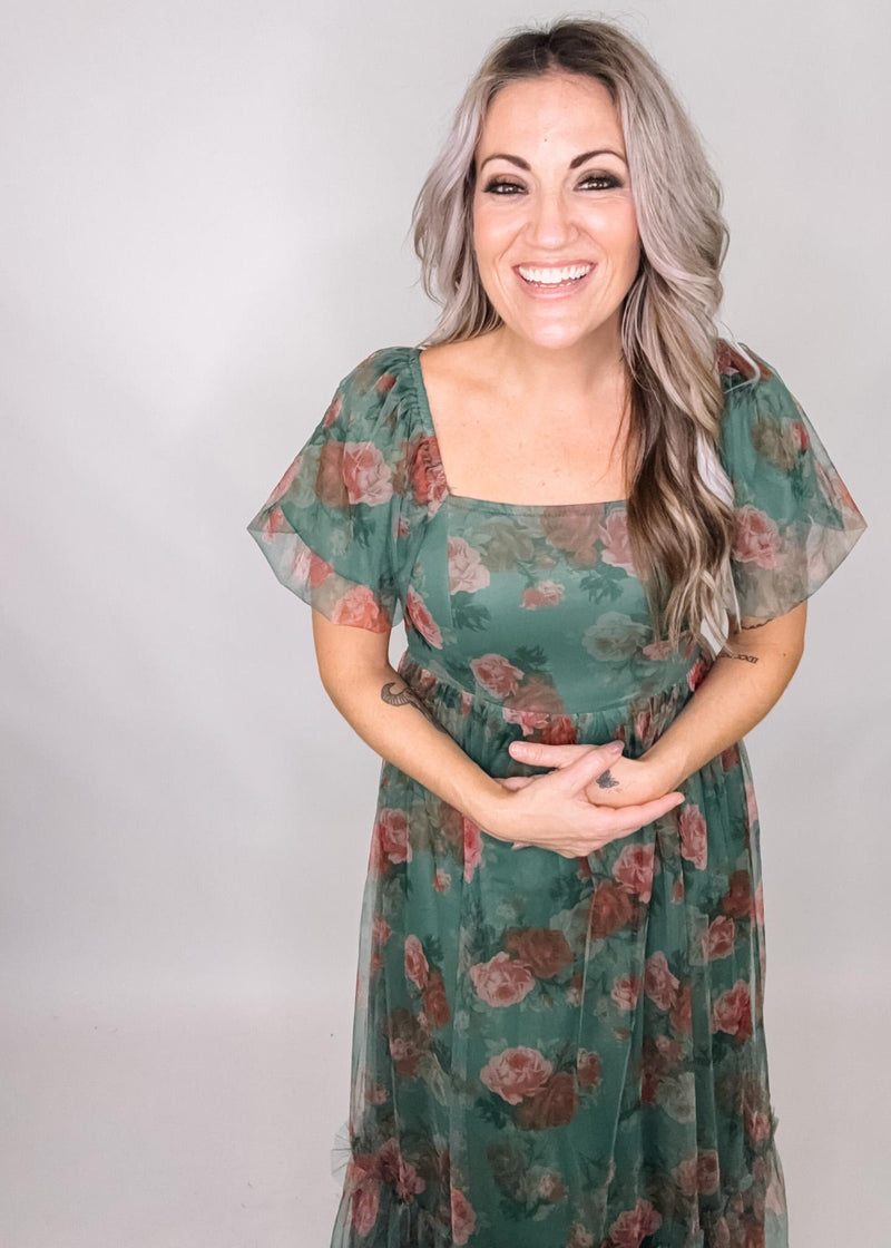 Green and Floral Mesh Maxi Dress