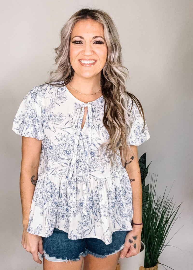 Front Ribbon Babydoll Puff Sleeve Blouse