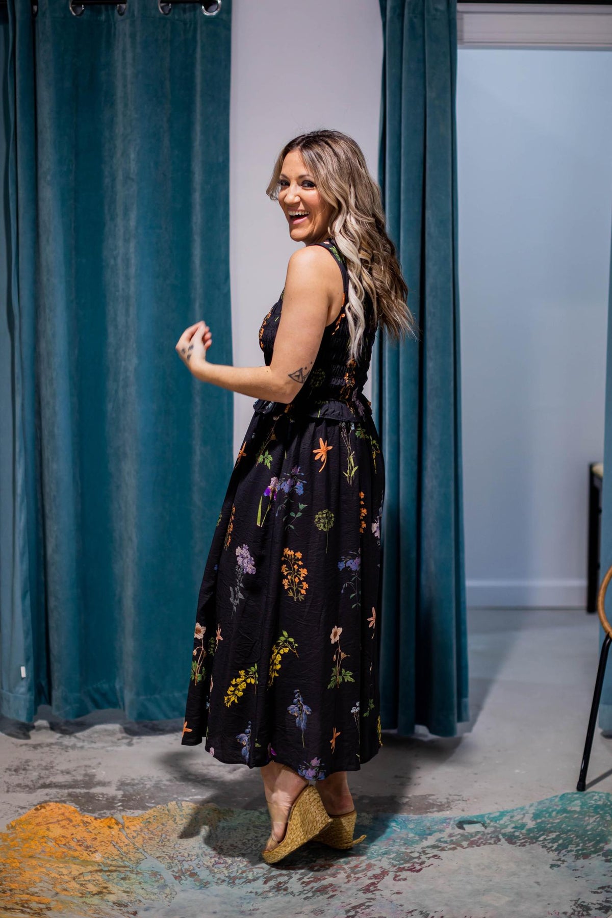 Black Smocked Top Floral Maxi