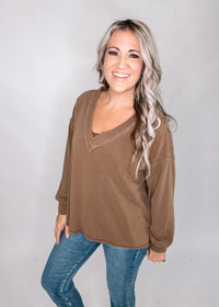 Brown Reverse Stitch Long Sleeve Top