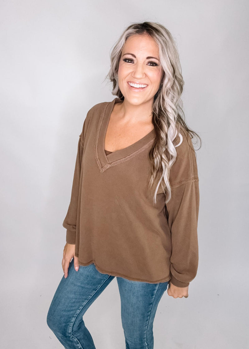 Brown Reverse Stitch Long Sleeve Top