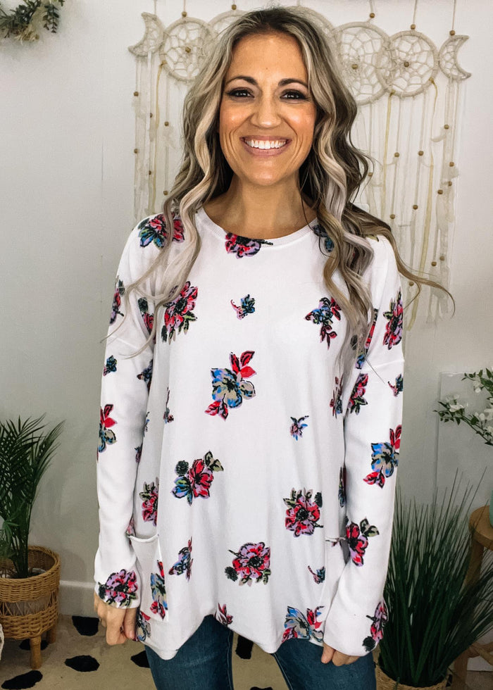Ivory and Floral Long Sleeve Front Pocket Tunic