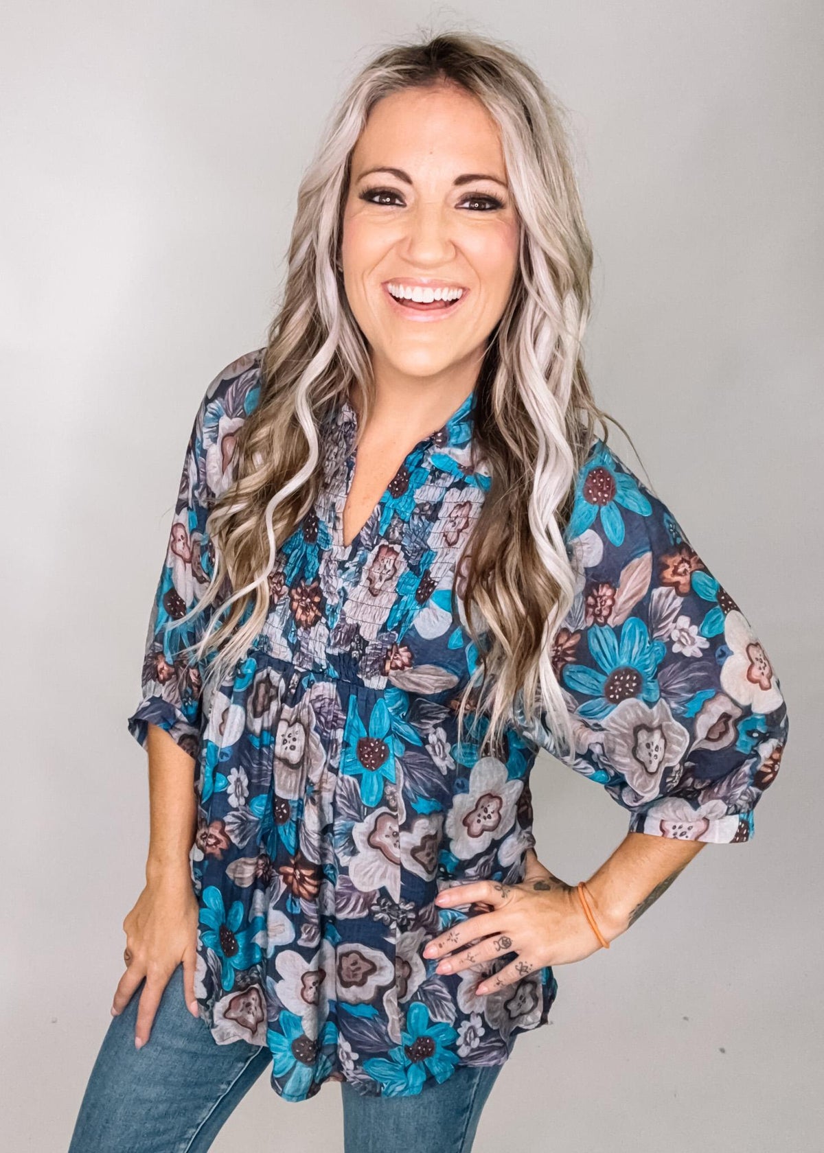 Indigo Floral Babydoll Top