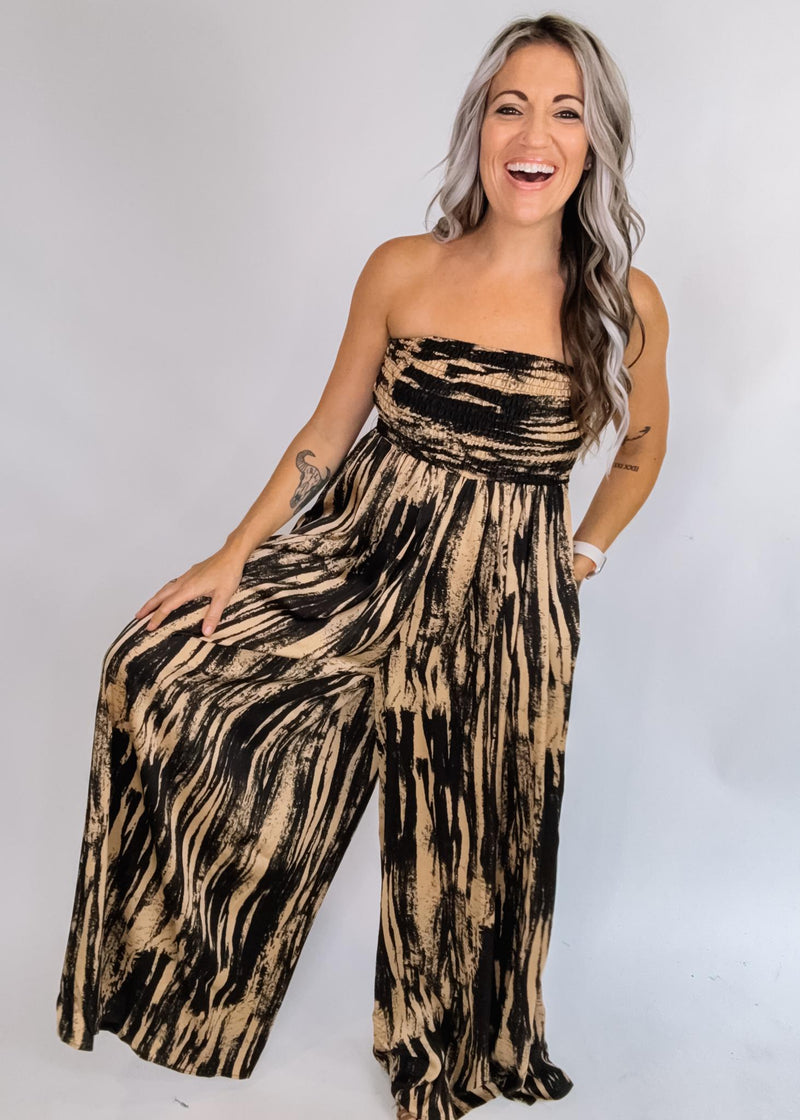 Satin Strapless Smocked Wide Leg Jumpsuit
