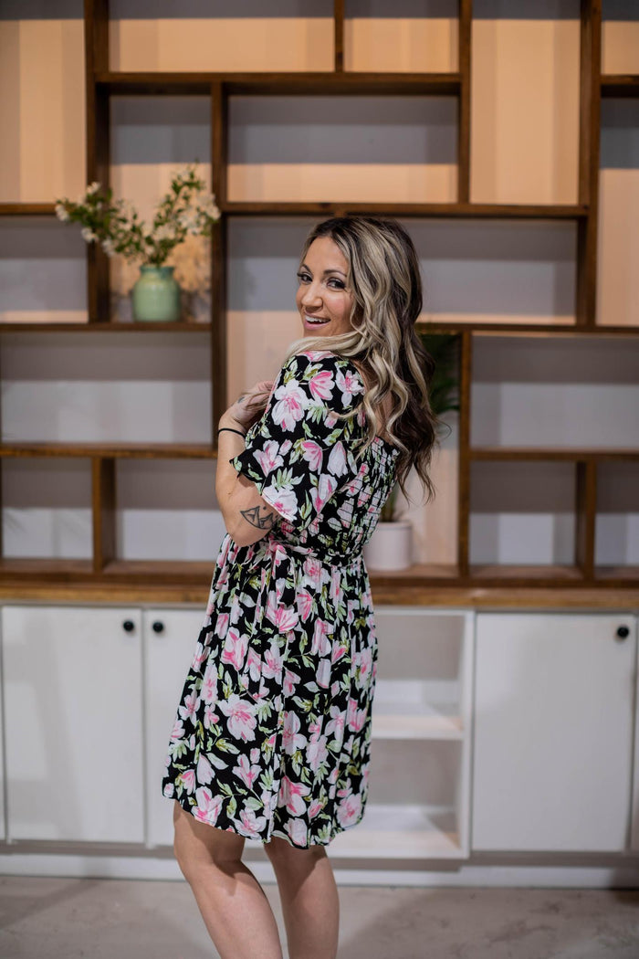 Black and Pink Floral Flutter Dress