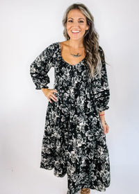 Kaila Black and White Floral Midi Dress