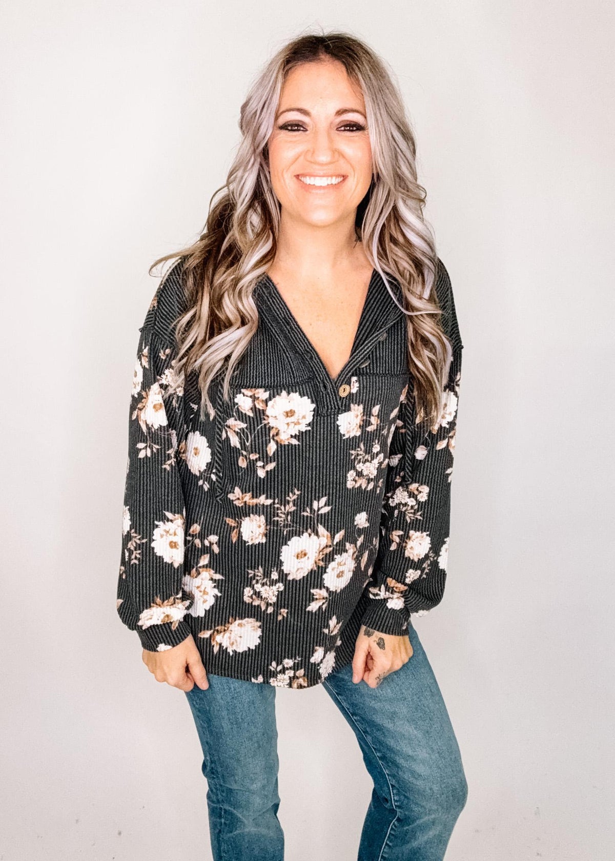 Charcoal and Floral Ribbed Hoodie