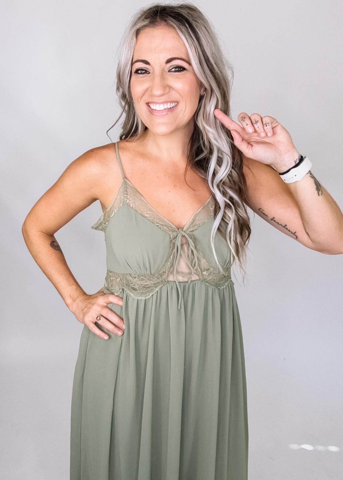 Olive Lace Trim Chiffon Maxi