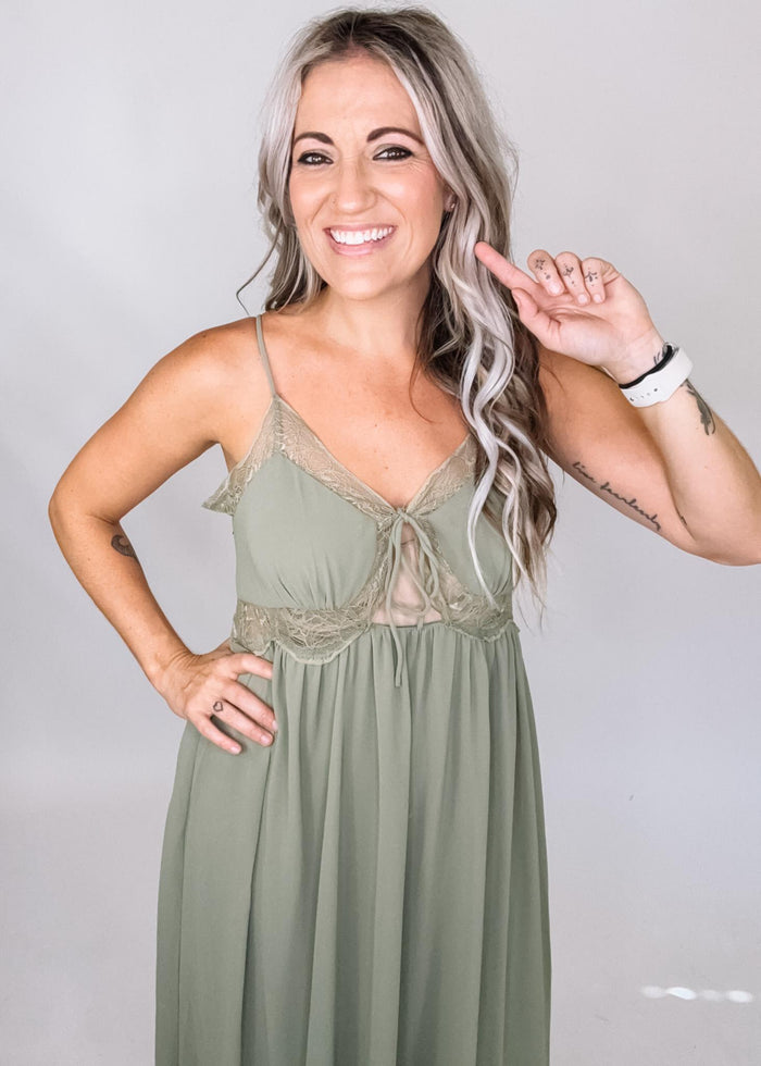 Olive Lace Trim Chiffon Maxi