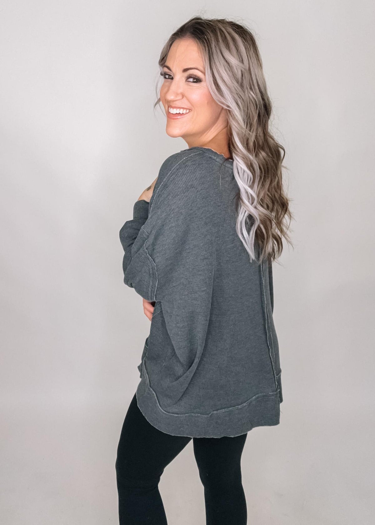 Cotton Blend Waffle Knit Oversized Long Sleeve Top