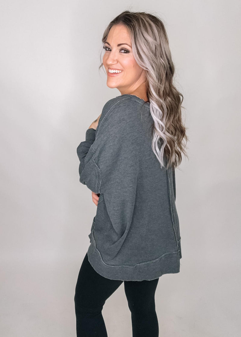 Cotton Blend Waffle Knit Oversized Long Sleeve Top