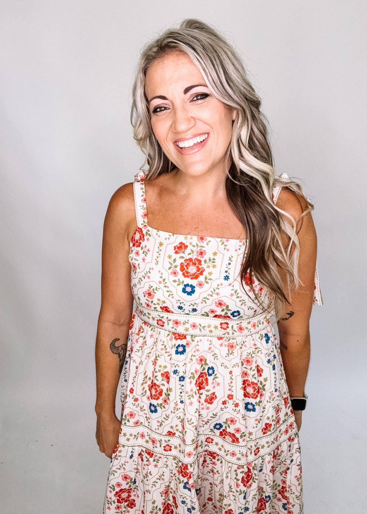 Cream Floral Printed Tie Strap Midi Dress