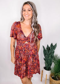 Berry Ruffle Sleeve Twist Front Dress