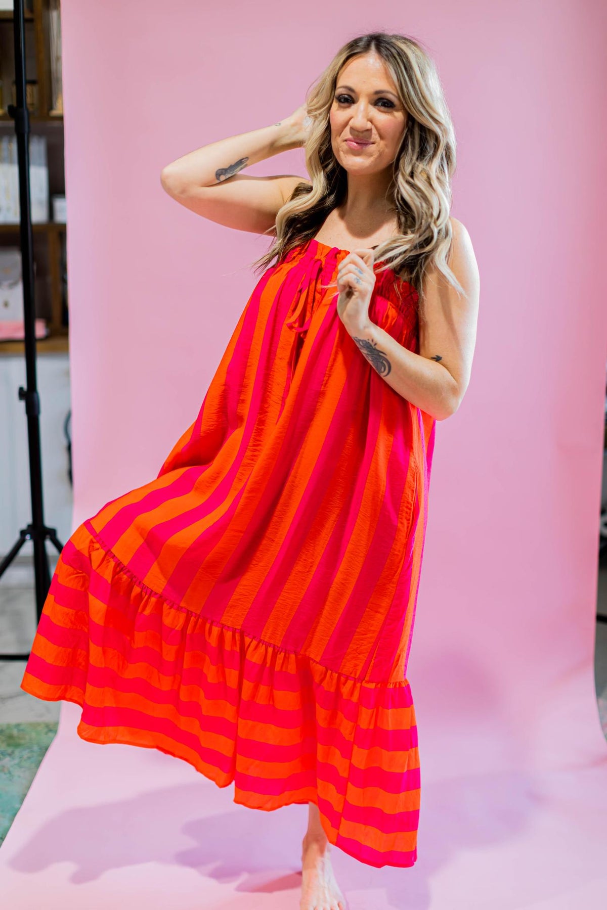 Fuchsia and Orange Stripe Maxi Dress