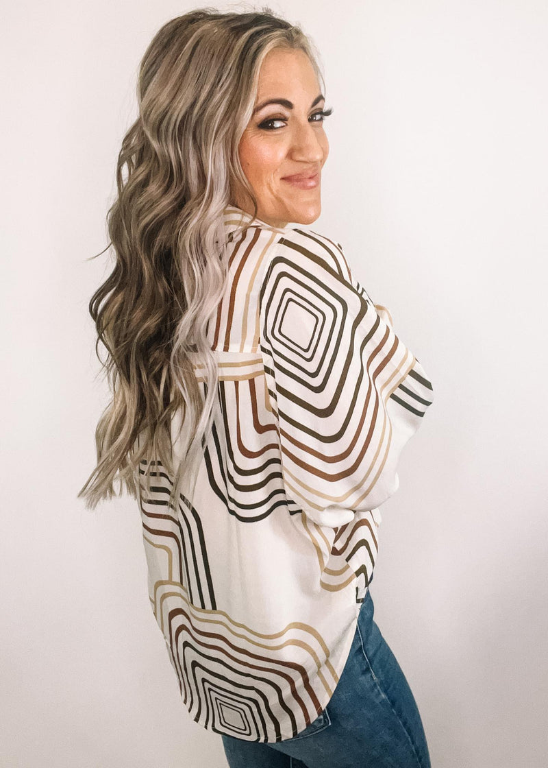 Beige Printed Satin Boyfriend Button Down