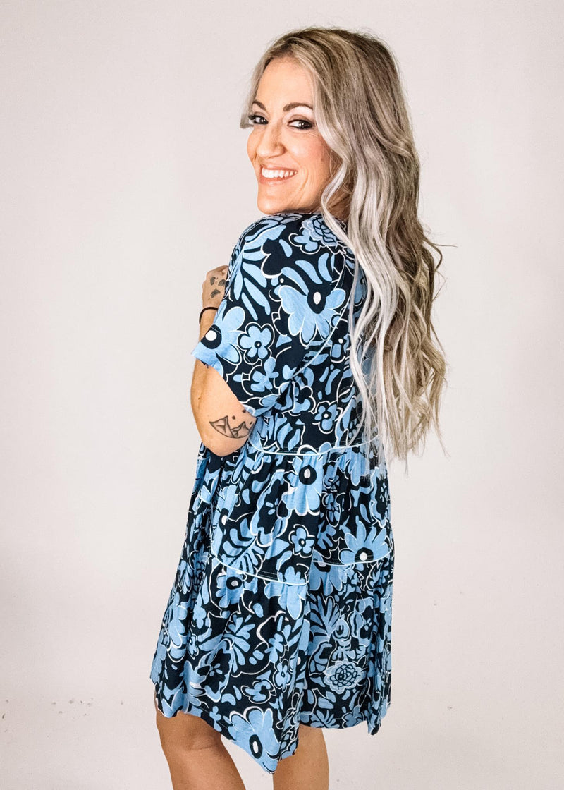 Sky and Navy Floral Babydoll Dress