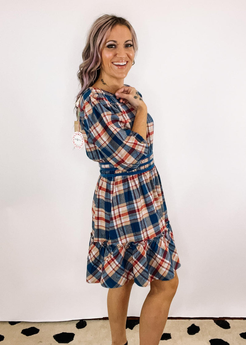 Navy Plaid Puff Sleeve Dress with Velvet Trim