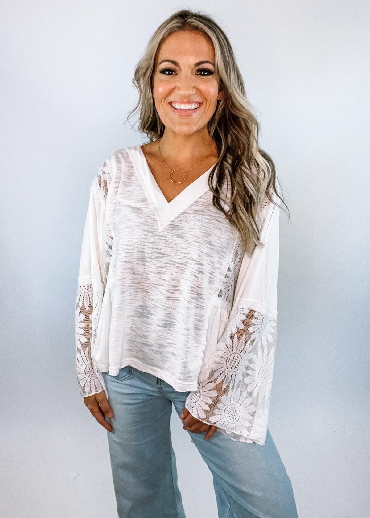 Relaxed Fit Flare Sleeve Top with Lace Detail