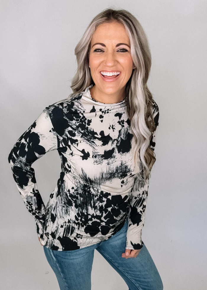 Mock Neck Long Sleeve Asymmetrical Floral Top
