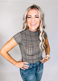 Plaid Mock Neck Short Sleeve Crop Top