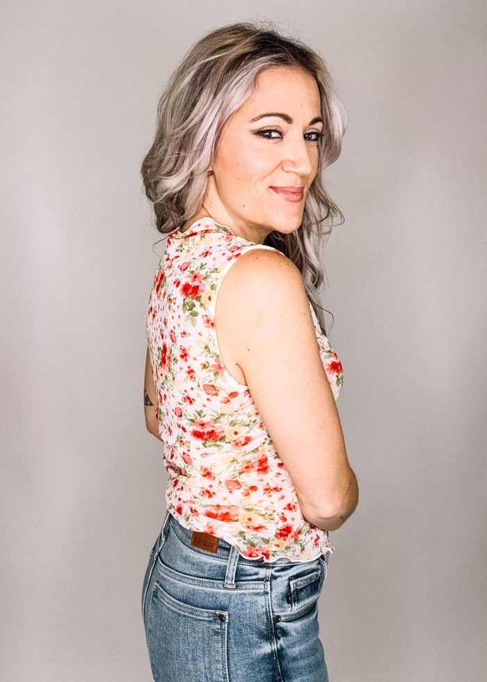 Ivory and Coral Semi Sheer Floral Mesh Top