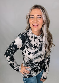 Mock Neck Long Sleeve Asymmetrical Floral Top
