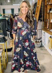 Charcoal and Yellow Floral Midi Dress