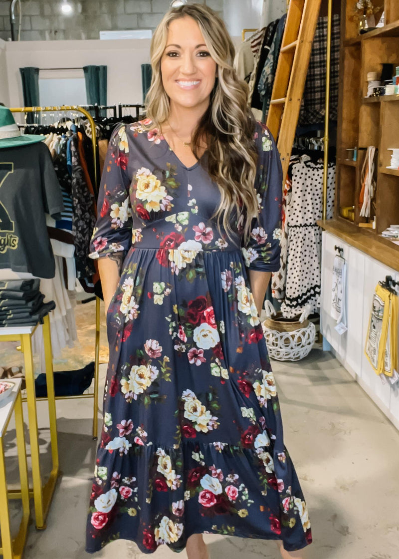 Charcoal and Yellow Floral Midi Dress