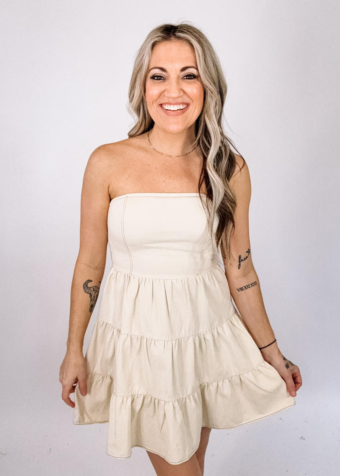 Cream Denim Tiered Mini Dress