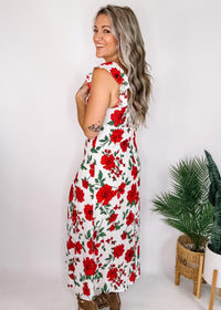 Red Floral Tie Front Midi Dress