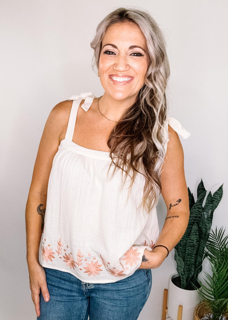 Natural Linen Top with Blush Embroidery