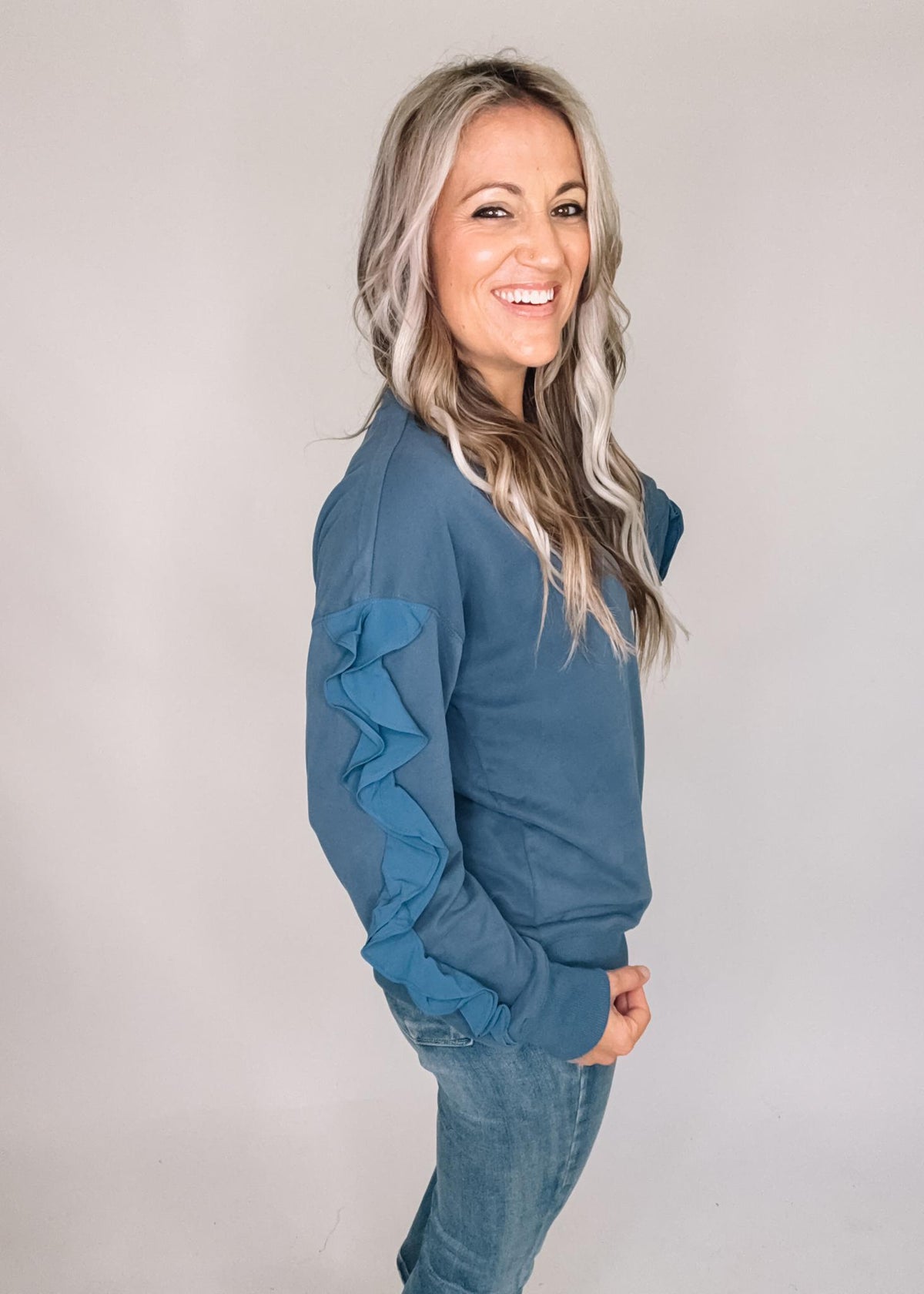 Slate Pullover with Ruffle Sleeves