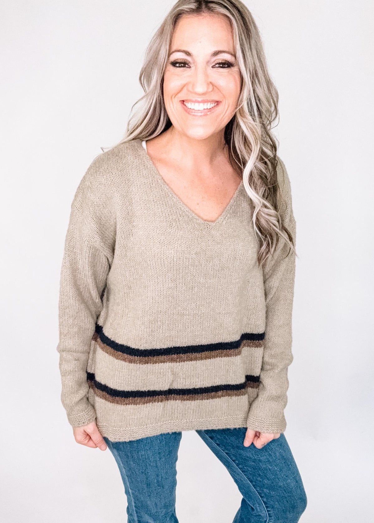 BLACK FRIDAY Taupe Knit Top with Stripe
