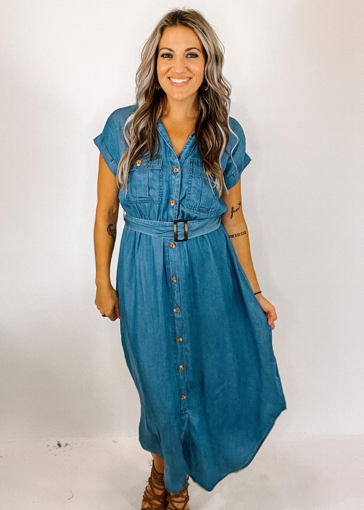 Chambray Collared Button Down Midi Dress The Teal Eagle Boutique Chambray Collared Button Down Midi Dress The Teal Eagle Boutique