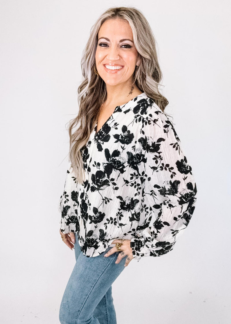 Black and ivory Floral Poet Sleeve Top