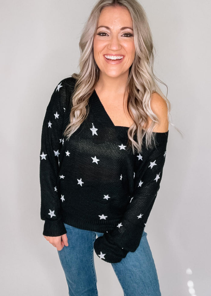 BLACK FRIDAY Star Print V Neck Knit Top