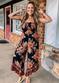 Black Smocked Bodice Floral Jumpsuit