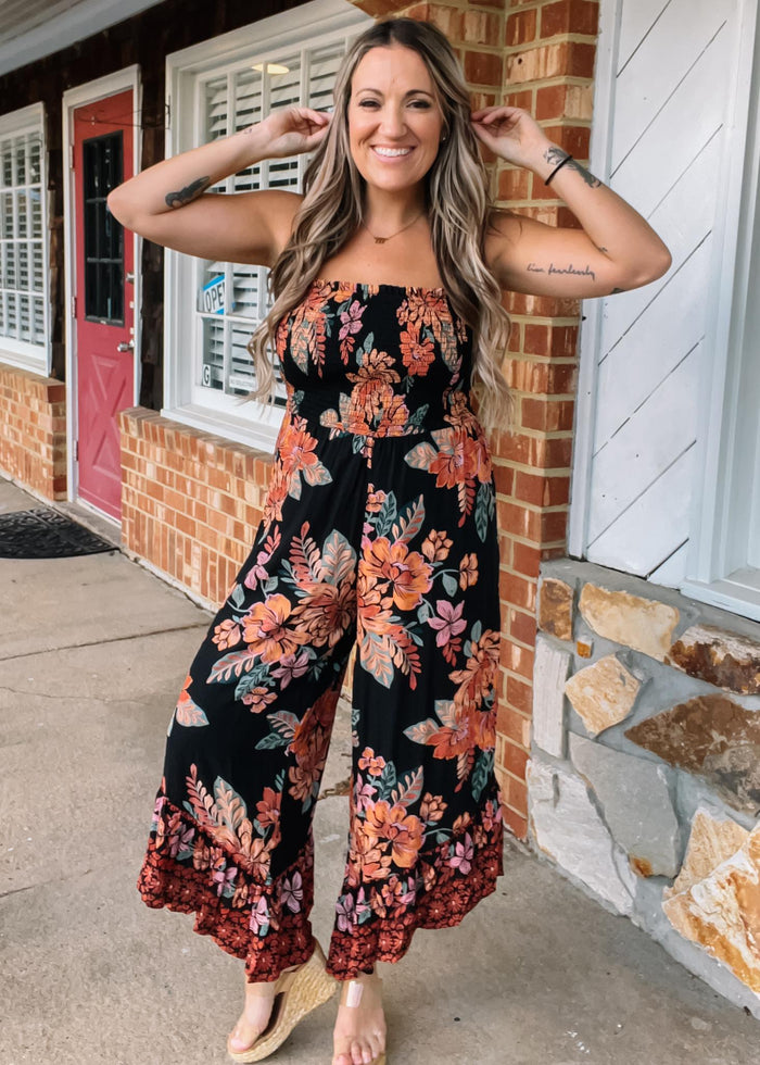 Black Smocked Bodice Floral Jumpsuit