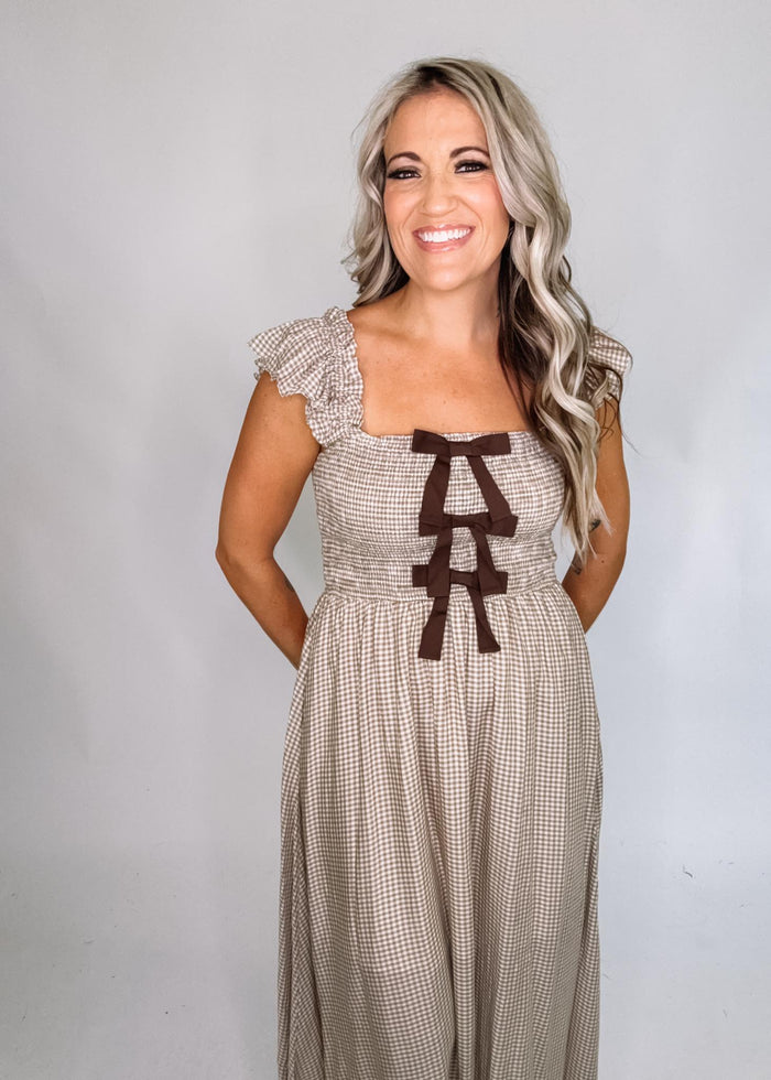 Gingham Smocked Front Bow Detail Midi Dress