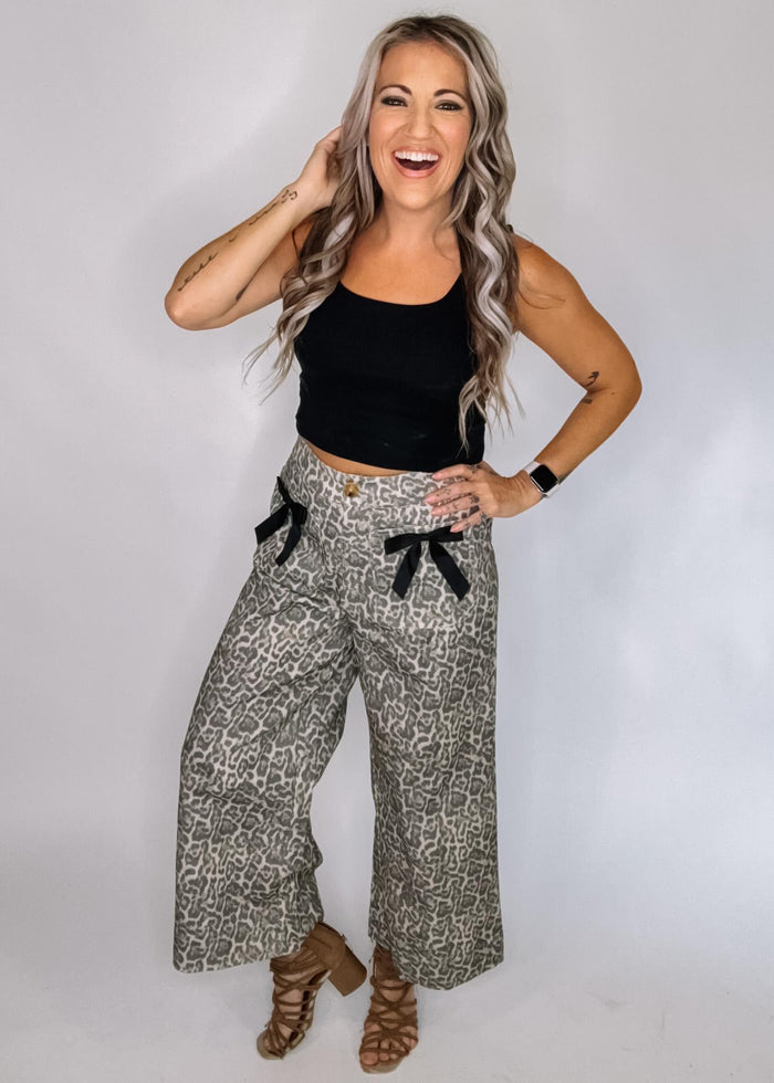 Animal Print Chunky Wide Leg Pant with Bows