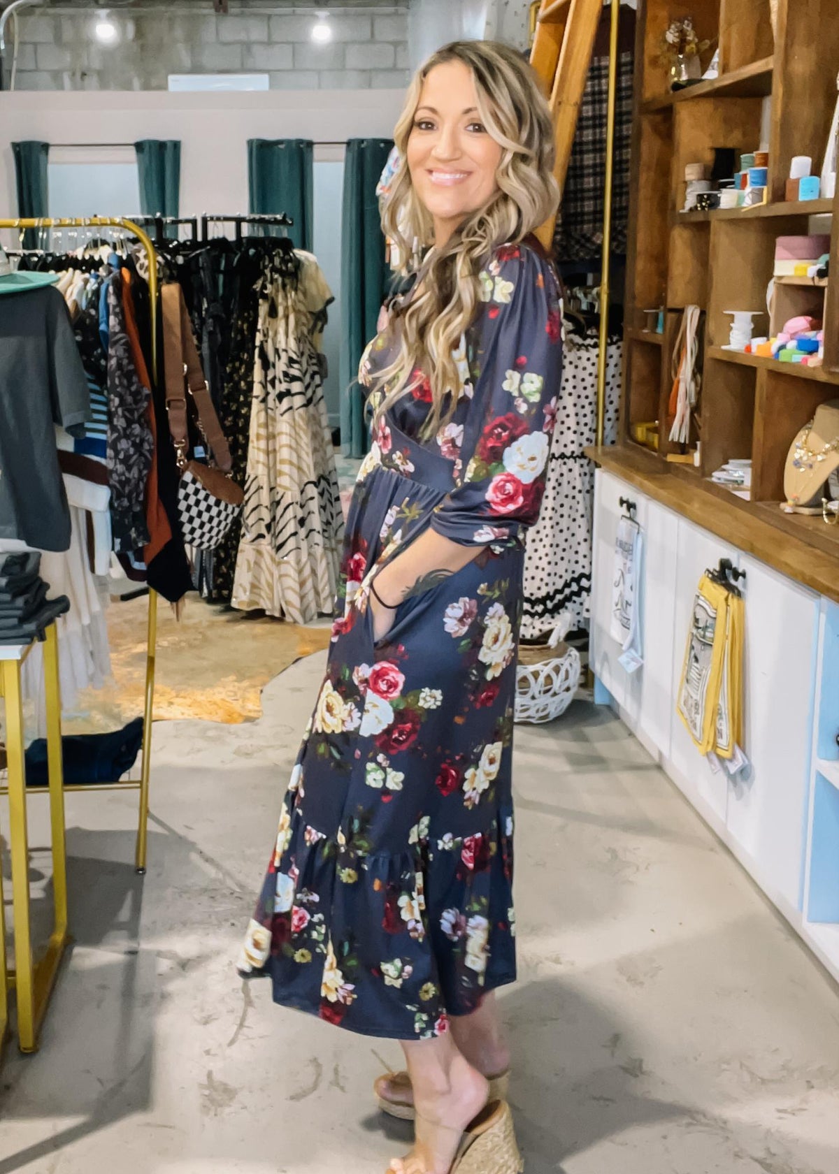 Charcoal and Yellow Floral Midi Dress