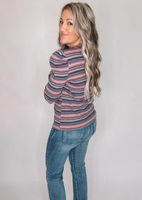 Puffed Long Sleeve Mocha Purple Striped Top
