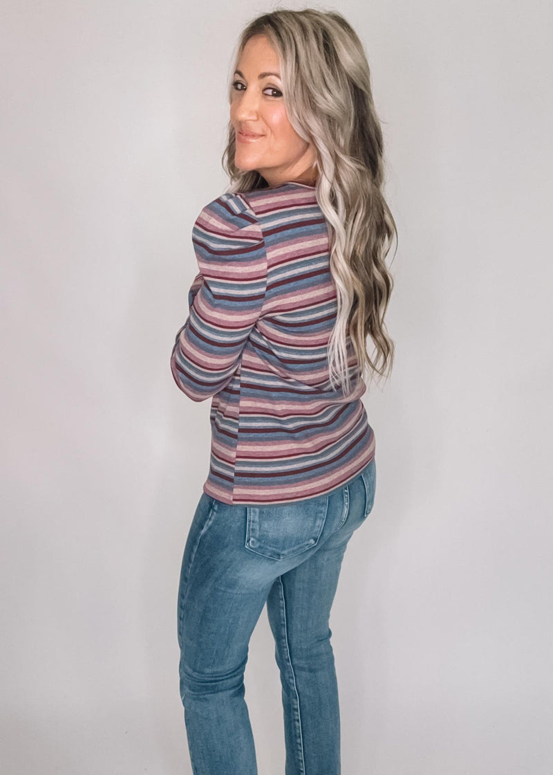 Puffed Long Sleeve Mocha Purple Striped Top