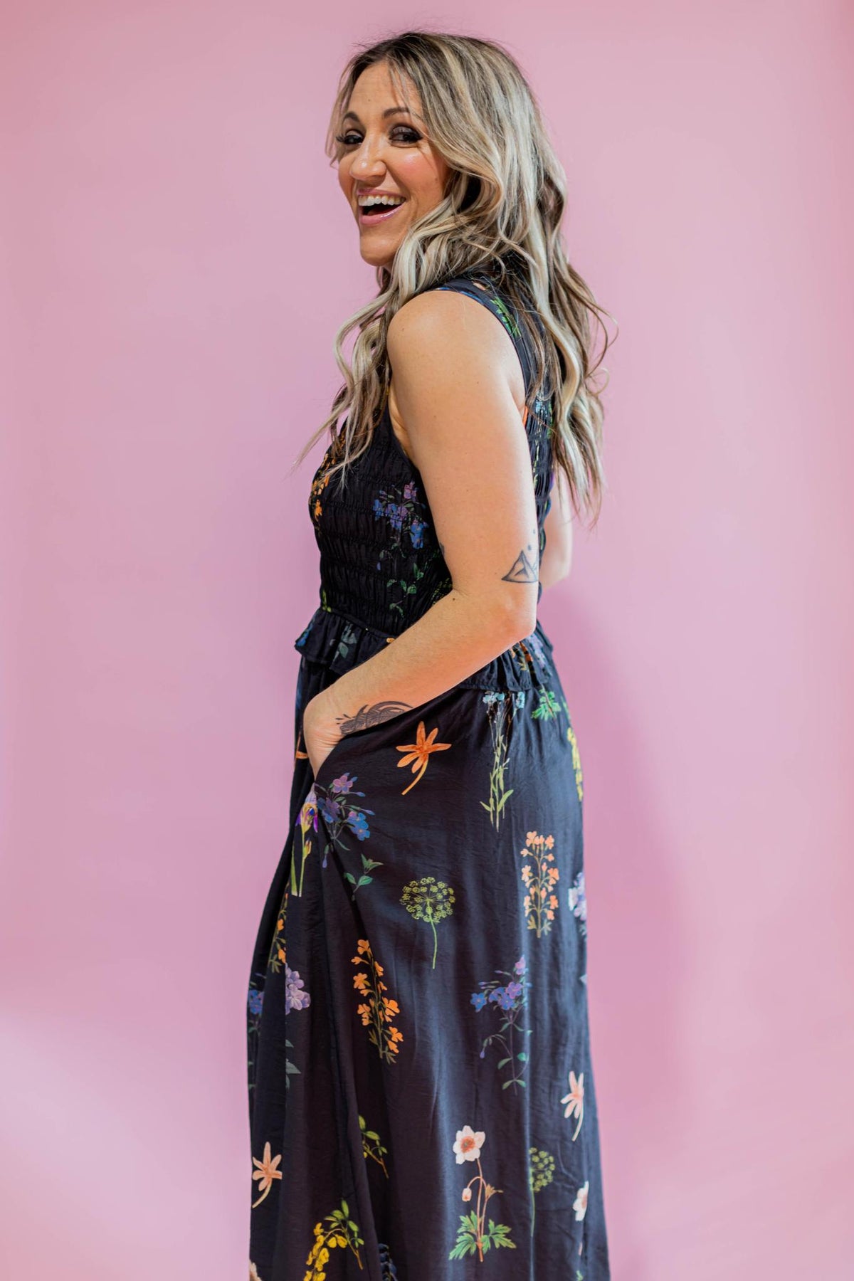 Black Smocked Top Floral Maxi