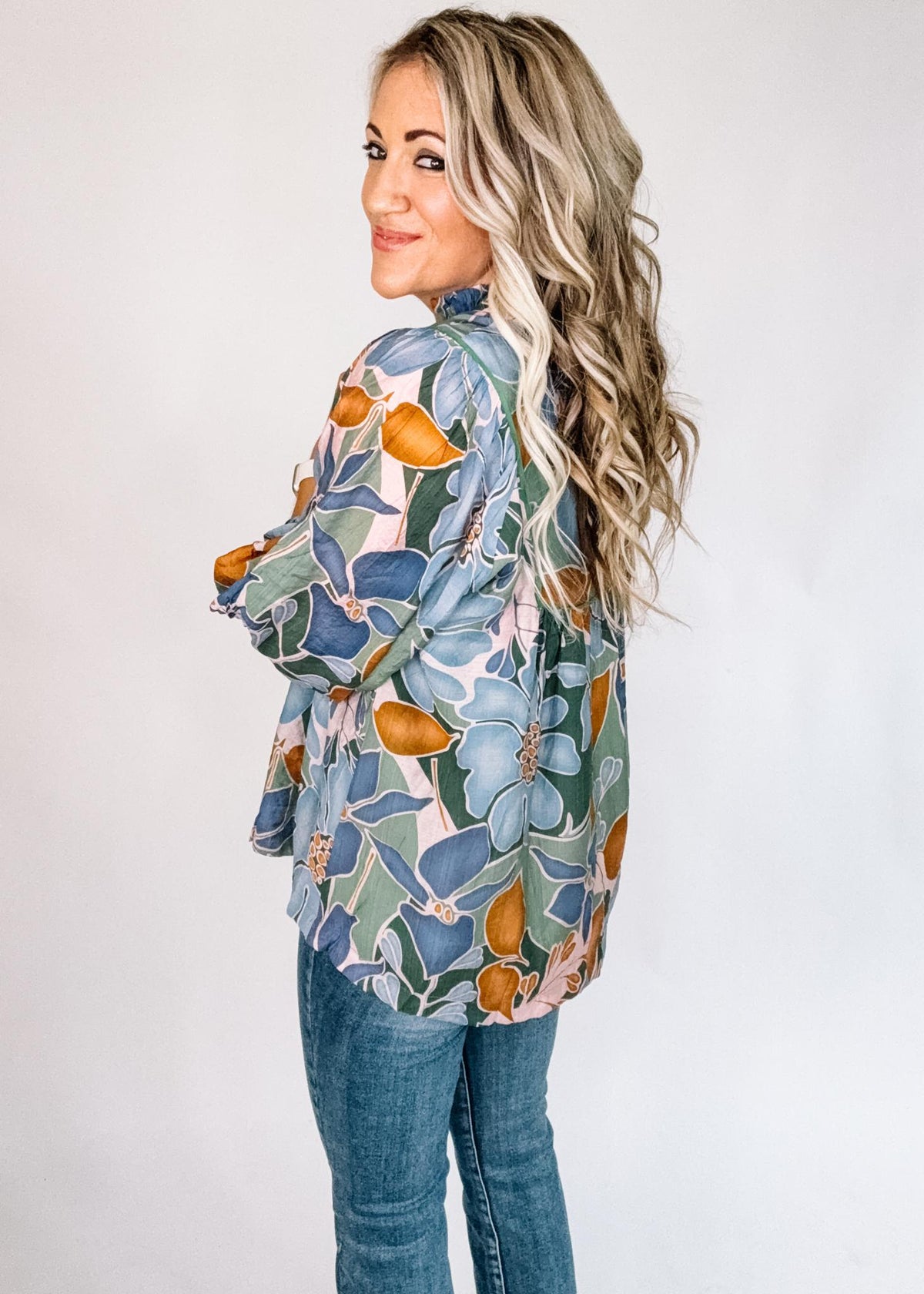 Blue Green Caramel Floral Blouse