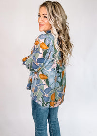 Blue Green Caramel Floral Blouse