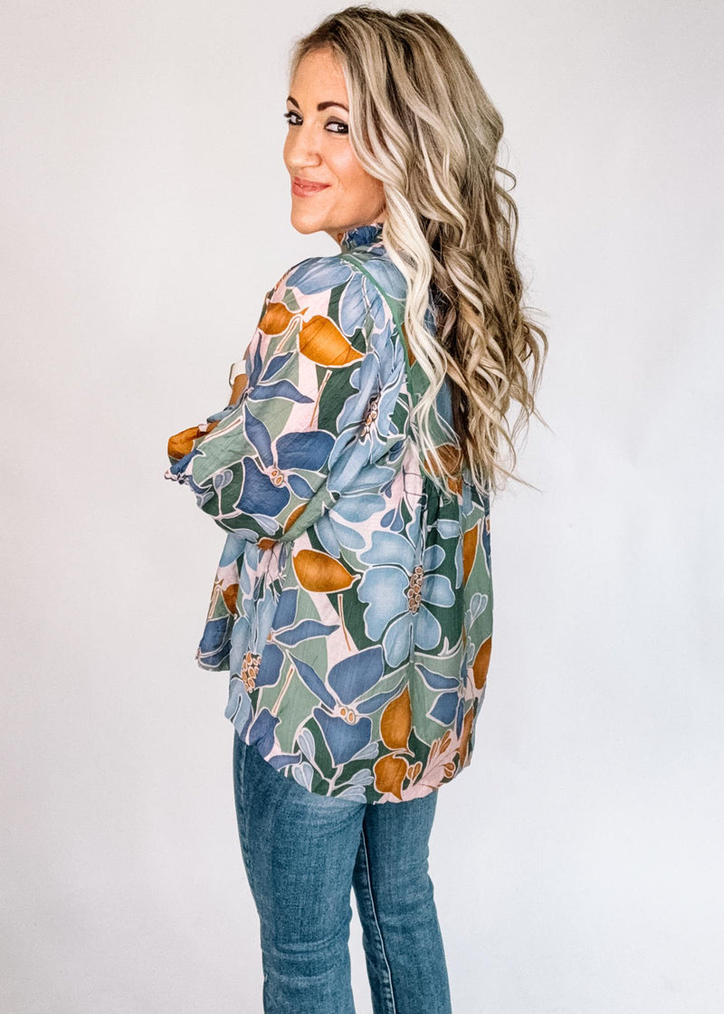 Blue Green Caramel Floral Blouse